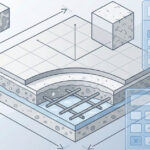 Concrete slab measurement tools with calculator and construction planning visuals