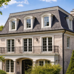 Traditional mansard roof home featuring slate shingles, curved dormer windows, wrought iron balcony, and light brick exterior under a clear blue sky