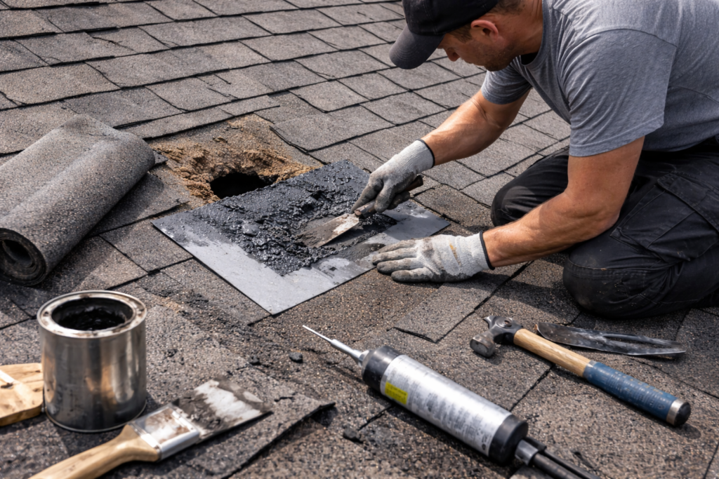 How to patch a hole in the roof using metal flashing and roofing cement for long-lasting roof hole repair