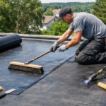 Installing EPDM rubber roofing on a flat roof using adhesive and broom for smooth membrane application